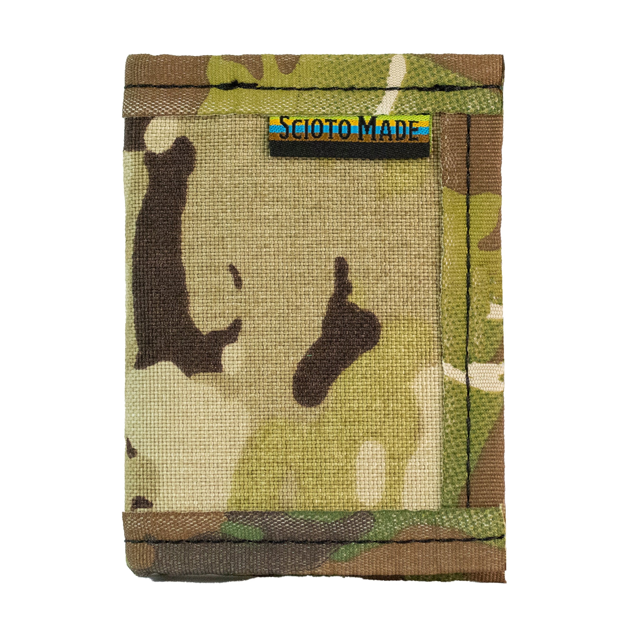Camo bifold wallet with camo trim. Made to hold 8 to 12 cards and has a 2" exterior elastic cash strap on the back. Front view.