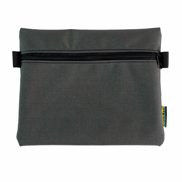 Image showing accessory bag in smoke color. Size Medium (9" x 7.75"). Made from durable 1000D Cordura fabric with a 400D pack cloth interior. Perfect for organizing everyday carry items or travel essentials. Made in USA.