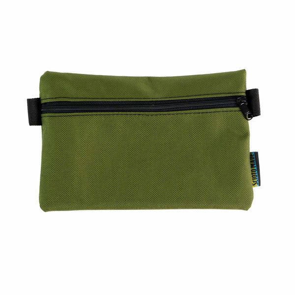 Image showing accessory bag olive. Size Small (8.25" x 5.75"). Made from durable 1000D Cordura fabric with a 400D pack cloth interior. Perfect for organizing everyday carry items or travel essentials. Made in USA.