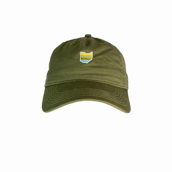 Scioto Made Ohio dad hat is built for comfort and style.  Embroidered Ohio on the front features our Scioto Made stripes that represent our passion for the outdoors. 100% Organic Cotton in Olive green. 