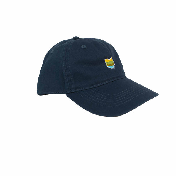 Scioto Made Ohio dad hat is built for comfort and style.  Embroidered Ohio on the front features our Scioto Made stripes that represent our passion for the outdoors. 100% organic cotton in navy blue.  Side View.