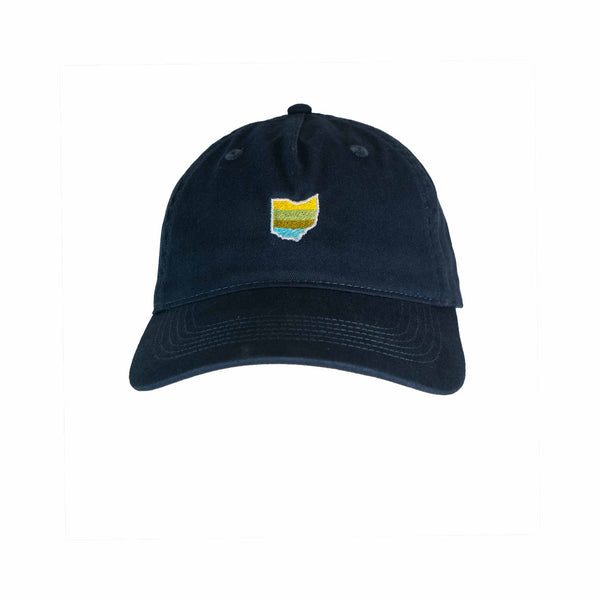 Scioto Made Ohio dad hat is built for comfort and style.  Embroidered Ohio on the front features our Scioto Made stripes that represent our passion for the outdoors. 100% organic cotton in navy blue.  Front View.