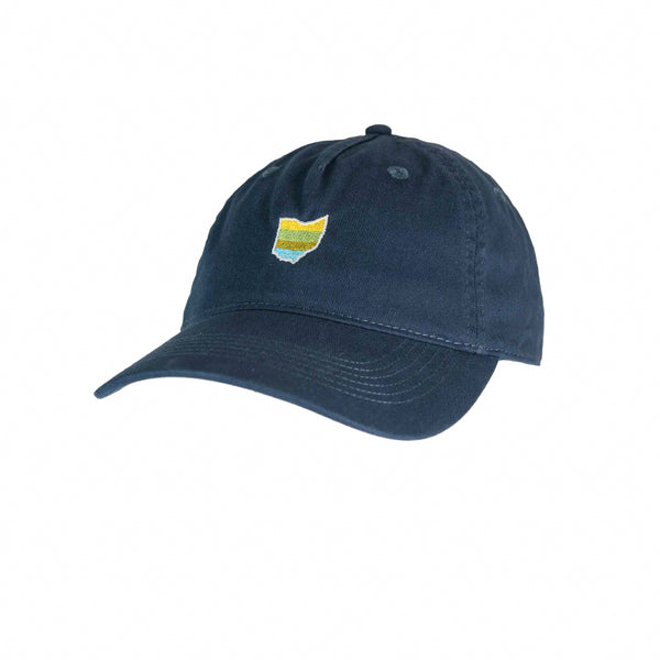 Scioto Made Ohio dad hat is built for comfort and style.  Embroidered Ohio on the front features our Scioto Made stripes that represent our passion for the outdoors. 100% organic cotton in navy blue.  Scioto Made stripes are yellow, green, brown, and blue.