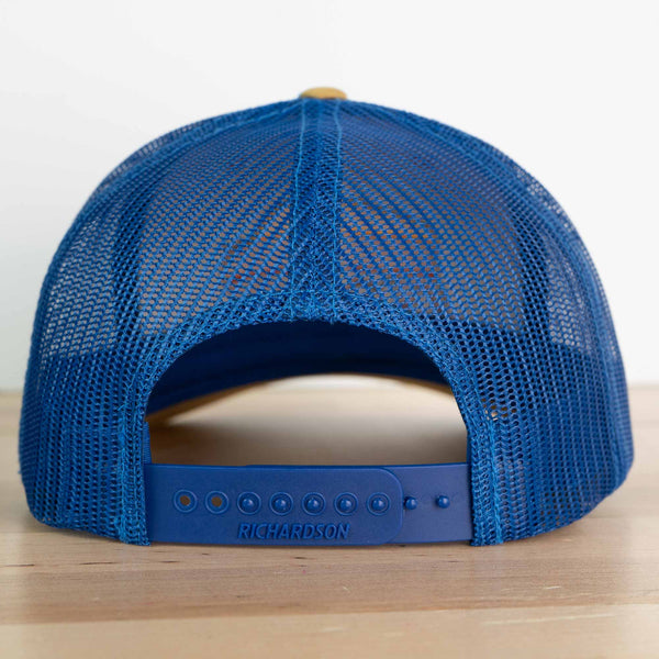 Classic structured 5 panel trucker hat with adjustable snapback closure in blue
