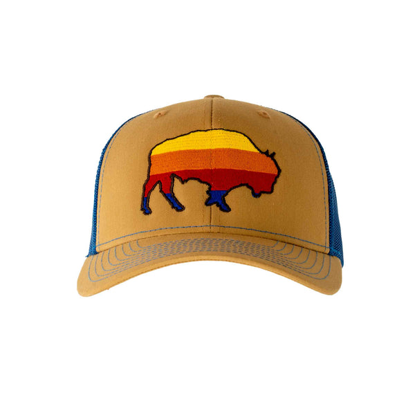 Classic structured 5 panel biscuit and blue trucker hat with pre-curved bill and adjustable snapback closure embroidered with multi-colored bison on the front