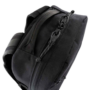 21L 1000D Cordura Backpack in all black. Top view of the handle. 