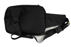 A back view of the city sling bag. Exterior color is black. 