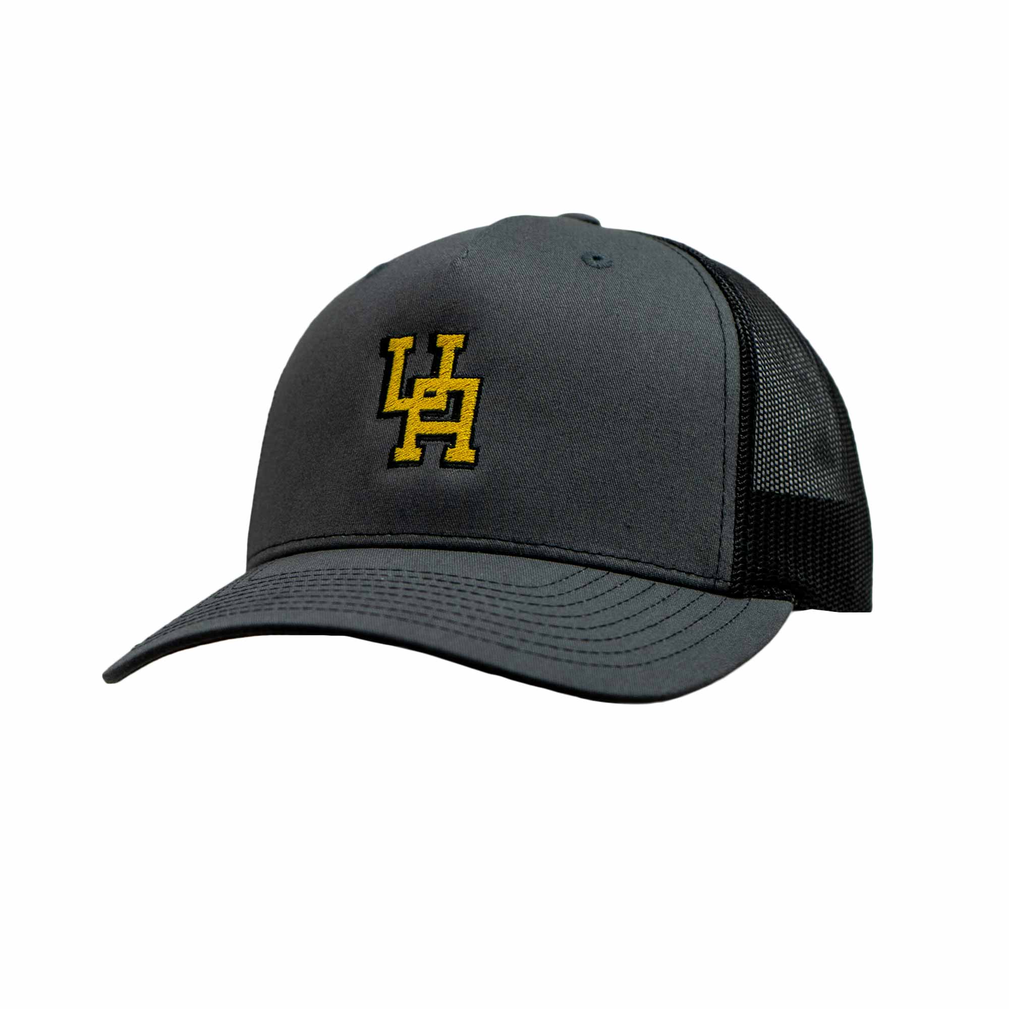 Upper Arlington embroidered UA structured 5 panel trucker hat. Officially Licensed and embroidered in Upper Arlington. Colors: Charcoal/Black