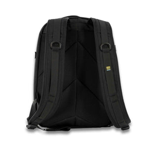 The 21L Backpack is large enough for a multi-day trip and simple enough for everyday use. Front View in Olive and Black. Back view showing padded back panel.