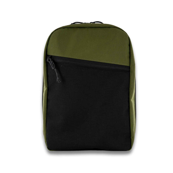 The 21L Backpack is large enough for a multi-day trip and simple enough for everyday use. Front View in Olive and Black.