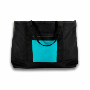 Scioto Made Boat Tote. Outside colors black main body and teal pocket. Front view.