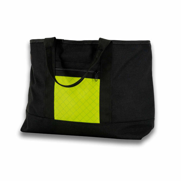 Scioto Made Boat Tote. Outside colors black main body and yellow pocket. Interior color is yellow. Front view.
