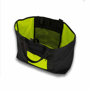 Scioto Made Boat Tote. Outside colors black main body and yellow pocket. Interior color is yellow. Showing interior mesh pocket.