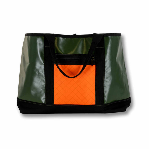 Scioto Made Boat Tote.  Outside colors olive, orange, black.  Front view.                          