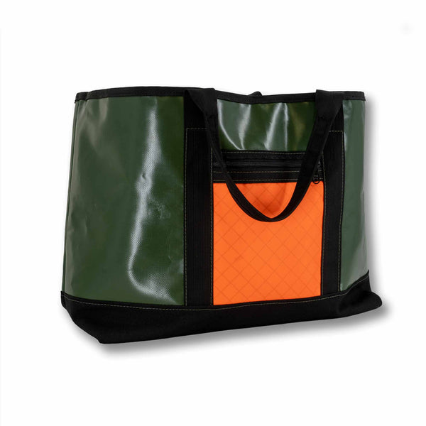 Scioto Made Boat Tote.  Outside colors olive, orange, black.  Front view. 
