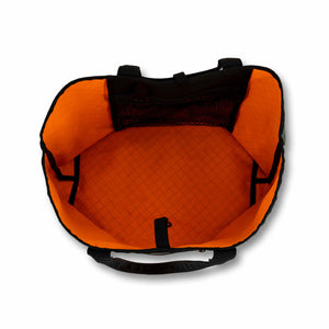 Scioto Made Boat Tote.  Outside colors olive, orange, black.  Inside view, color orange and black mesh pocket.                         .                     