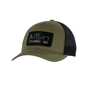Scioto Made Trucker Hat with Columbus skyline 1812 patch. Structured 6 panel Loden and Black.                                     