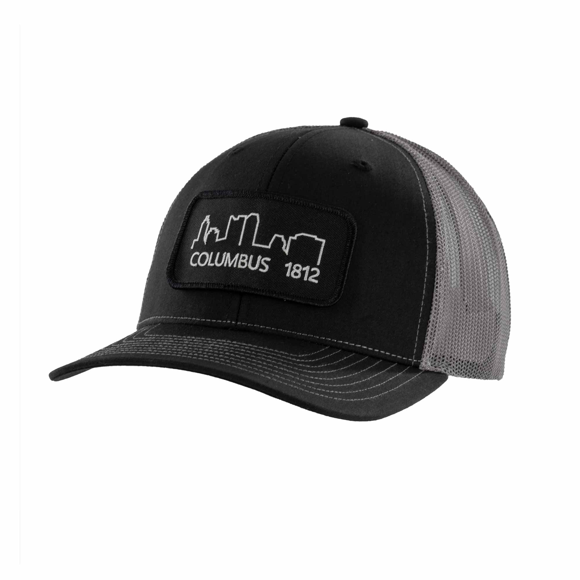 Scioto Made Trucker Hat with Columbus skyline 1812 patch. Black with gray mesh. 