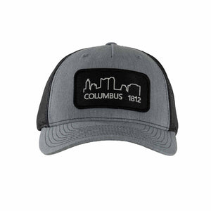 Scioto Made Trucker Hat with Columbus skyline 1812 patch. Heathered gray with black mesh. 