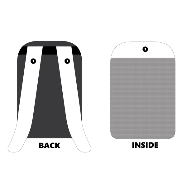 21L Custom Backpack diagram showing back and inside areas to customize the color.