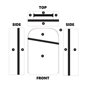 21L Custom Backpack diagram showing top, side and front areas to customize the color.