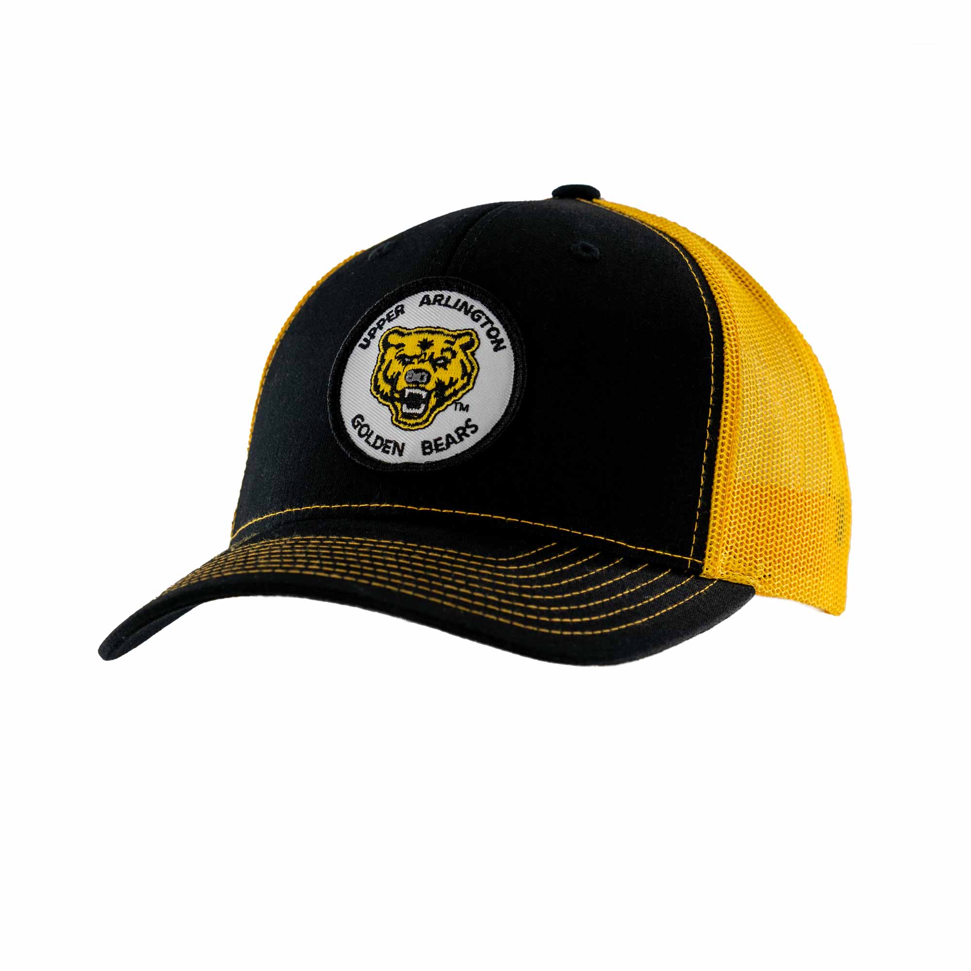 Scioto Made Upper Arlington Golden Bears Patch Trucker Hat in black and yellow. Structured 6 panel trucker hat.