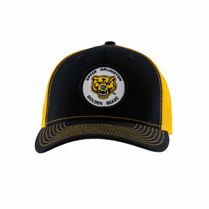 Scioto Made Upper Arlington Golden Bears Patch Trucker Hat in black and yellow. Structured 6 panel trucker hat.