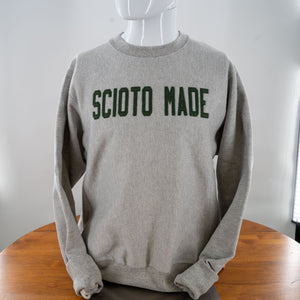 Scioto Made Varsity Sweatshirt in oxford gray with green felt letters sewn on.