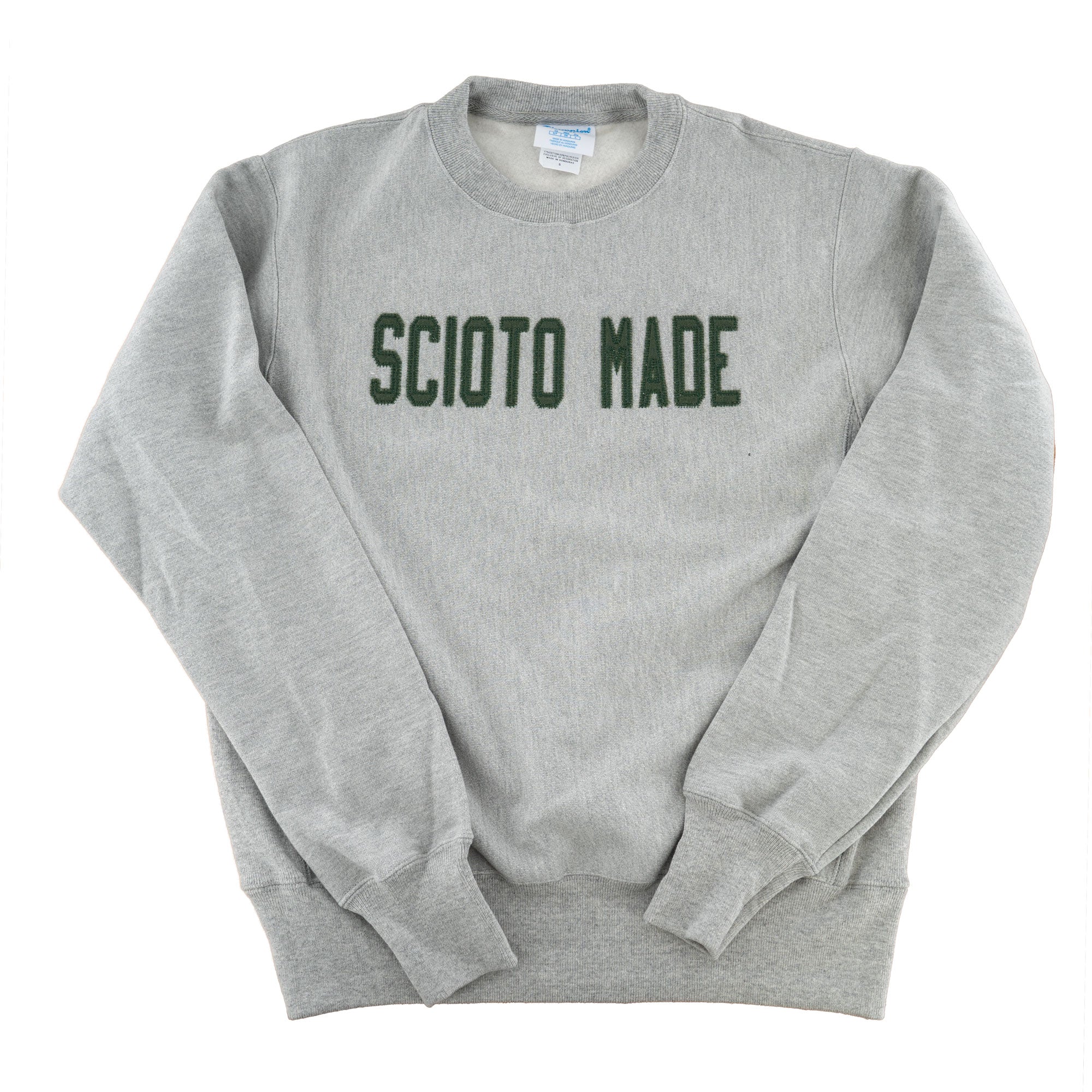 Scioto Made Varsity Sweatshirt in oxford gray with green felt letters sewn on. 