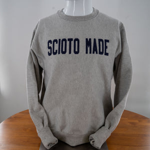 Scioto Made Varsity Sweatshirt in oxford gray with navy felt letters.