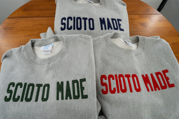Scioto Made Varsity Sweatshirt in oxford gray. Shown with green, navy and red felt letter options.