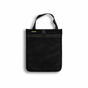 Scioto Made iPad Sleeve. Features outside mesh pocket and bright yellow interior. All Black exterior with black pull tab for mesh pocket.  Carrying handle on top.  Size 10" x 12".