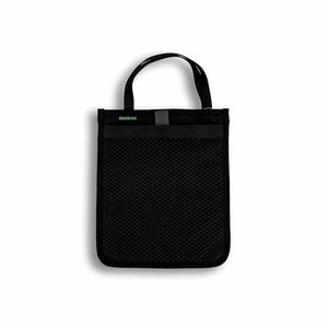 Scioto Made iPad Sleeve. Features outside mesh pocket and bright silver interior. All Black exterior with charcoal pull tab for mesh pocket.  Carrying handle on top.  Size 10" x 12".
