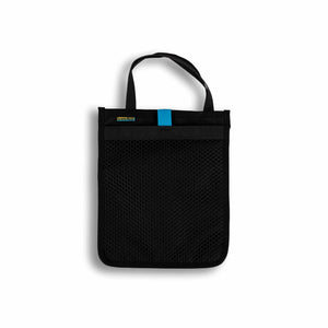 Scioto Made iPad Sleeve. Features outside mesh pocket and bright teal interior. All black exterior with teal pull tab for mesh pocket.  Carrying handle on top.  Size 10" x 12".