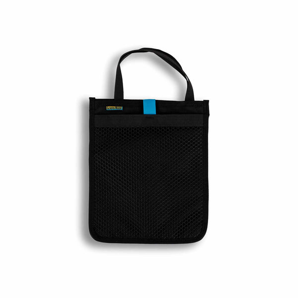 Scioto Made iPad Sleeve. Features outside mesh pocket and bright teal interior. All black exterior with teal pull tab for mesh pocket.  Carrying handle on top.  Size 10" x 12".